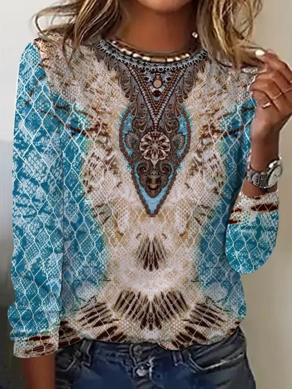 Women's Shirt 2XL Retro Long Sleeve Plus Size Causal Crew New Loose Boho Western